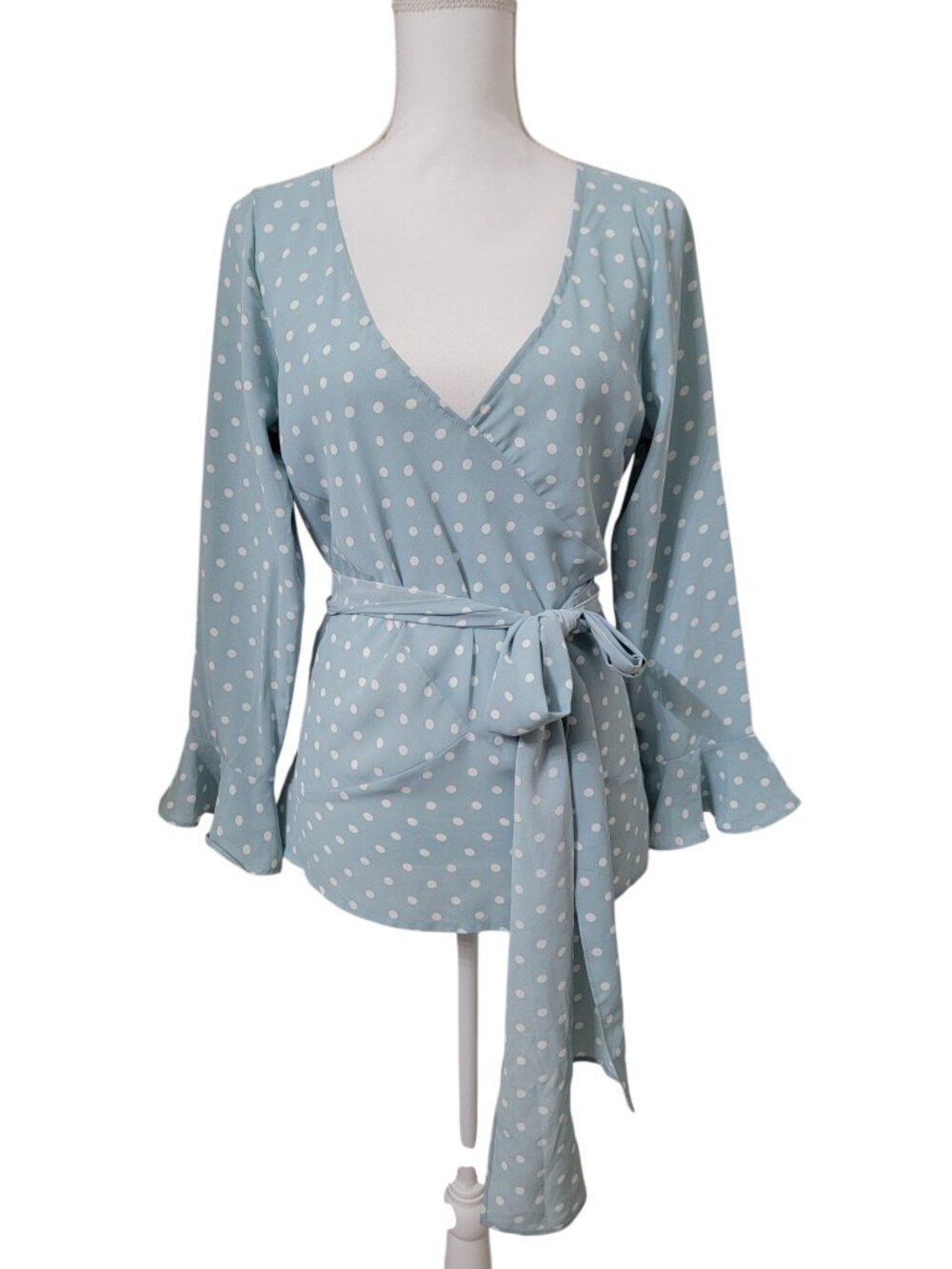 Arianna Size S/M Light Blue with White Polkadot Tie Waist Blouse.  NEW with Tag